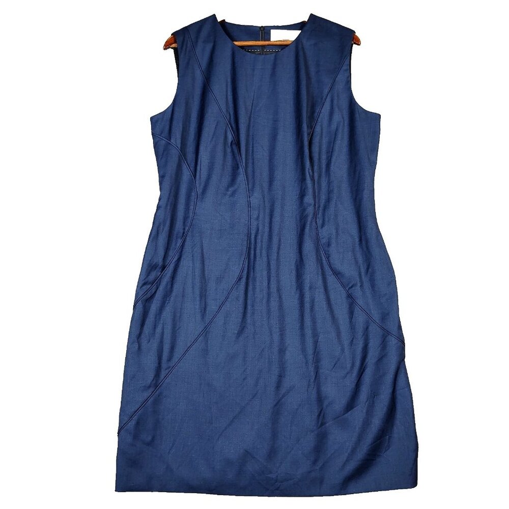 Hugo Boss Shift Dress Women's 14 Blue Wool Blend Sleeveless Modest Minimalist